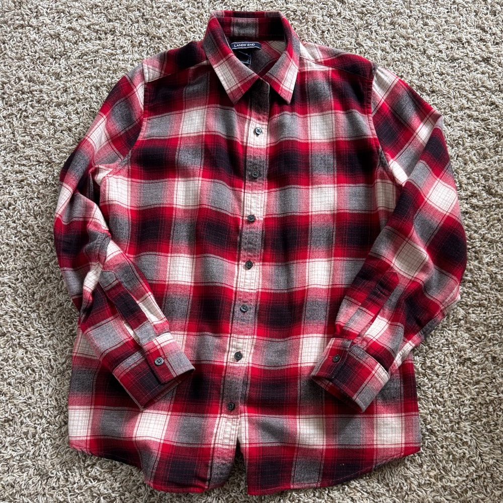 Lands End Red Plaid Flannel Shirt, Size 12 Petite